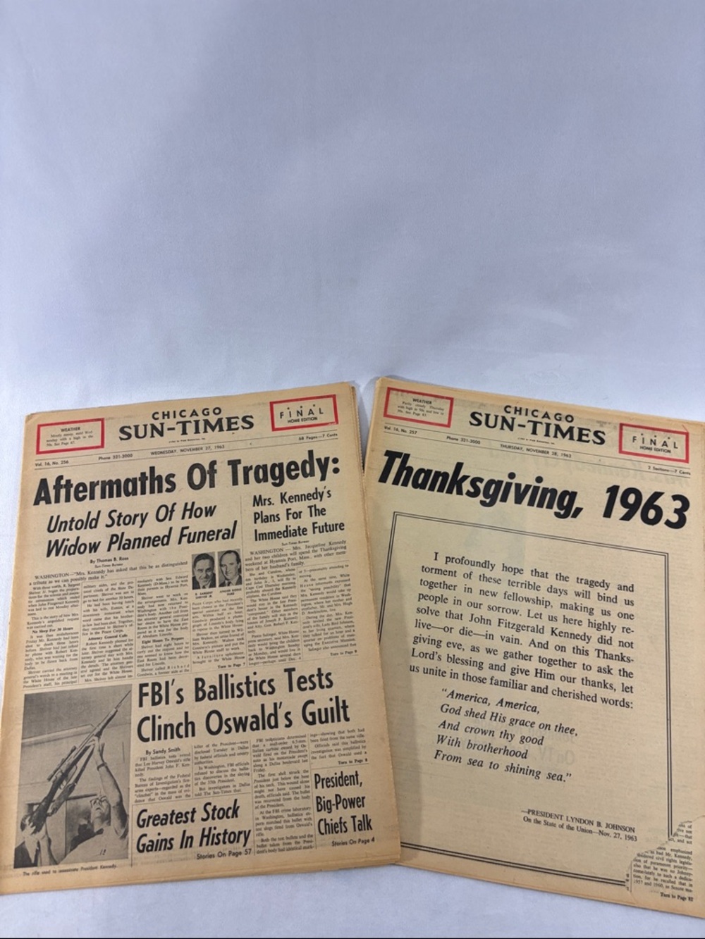 Two Vintage Chicago Sun-Times Newspapers Aftermath of John F Kennedy **